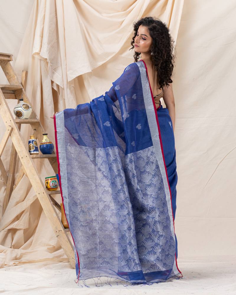 Traditional Blue Silk Linen Handloom Saree
