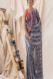 TraditionalSilver Grey Soft Matka Silk Jamdani Saree