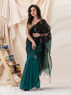 Traditional Teal Black Cotton Silk Fancy Jamdani Saree 1