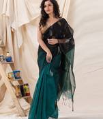 Traditional Teal Black Cotton Silk Fancy Jamdani Saree