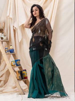 Traditional Teal Black Cotton Silk Fancy Jamdani Saree 3