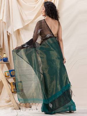 Traditional Teal Black Cotton Silk Fancy Jamdani Saree 4