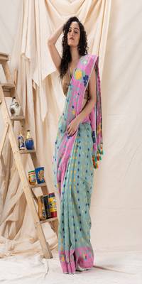 Traditional Eton Blue Soft Dhakai Jamdani Saree 1