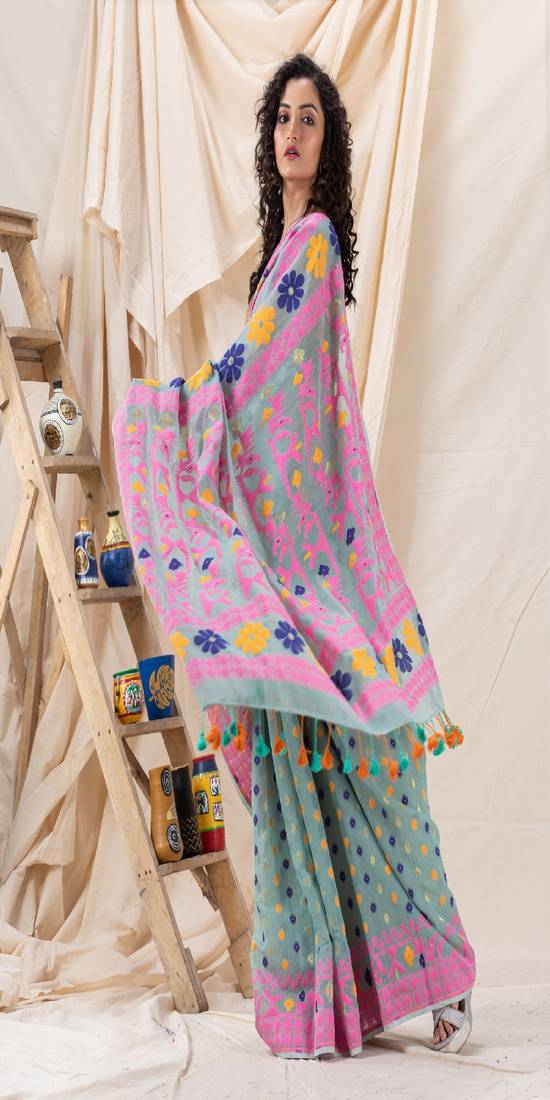 Traditional Eton Blue Soft Dhakai Jamdani Saree
