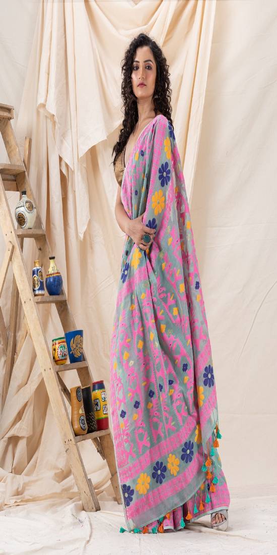 Traditional Eton Blue Soft Dhakai Jamdani Saree