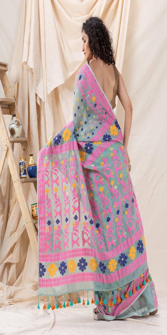 Traditional Eton Blue Soft Dhakai Jamdani Saree