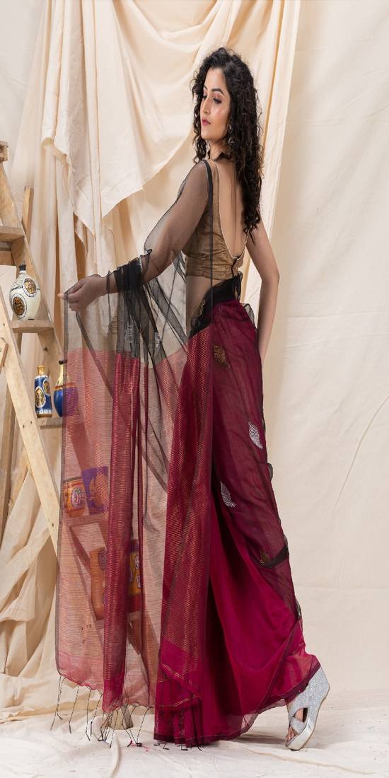 Traditional Fuchsia Pink BlackCotton Silk Fancy Jamdani Saree