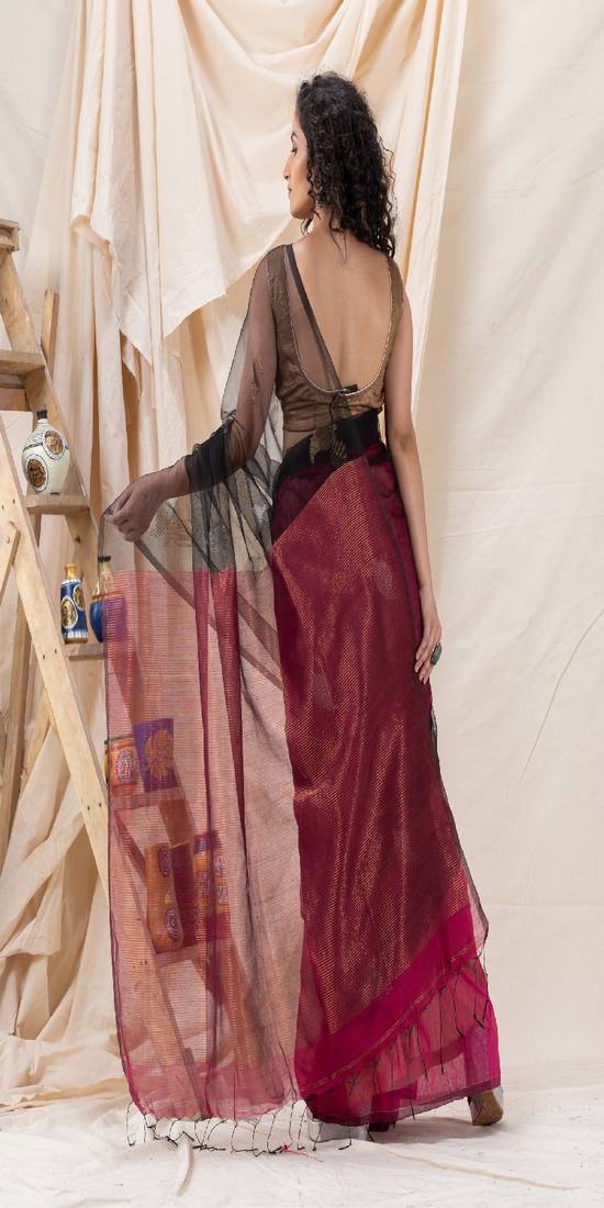 Traditional Fuchsia Pink BlackCotton Silk Fancy Jamdani Saree