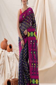 Traditional Navy Blue Fuchsia Fuchsia Soft Dhakai Jamdani Saree Without Blouse