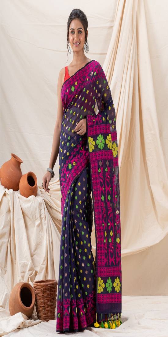 Traditional Navy Blue Fuchsia Fuchsia Soft Dhakai Jamdani Saree Without Blouse
