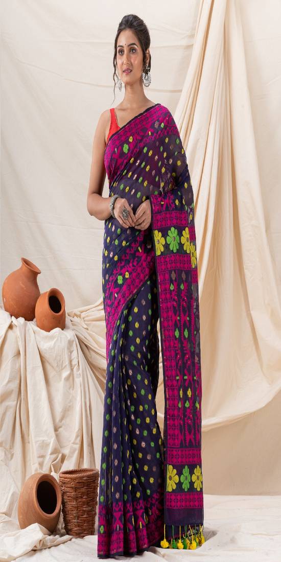 Traditional Navy Blue Fuchsia Fuchsia Soft Dhakai Jamdani Saree Without Blouse