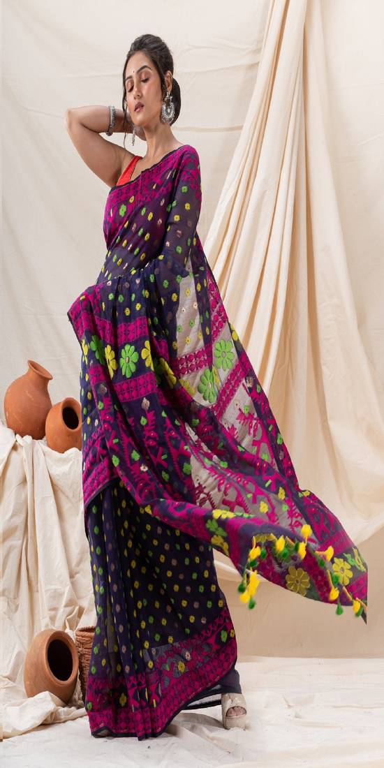 Traditional Navy Blue Fuchsia Fuchsia Soft Dhakai Jamdani Saree Without Blouse
