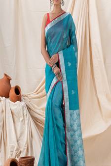 Traditional Handloom Deep Aqua Silk Linen Saree