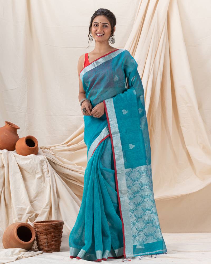 Traditional Handloom Deep Aqua Silk Linen Saree