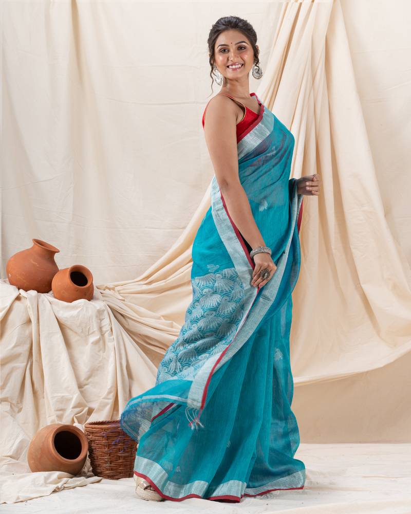 Traditional Handloom Deep Aqua Silk Linen Saree