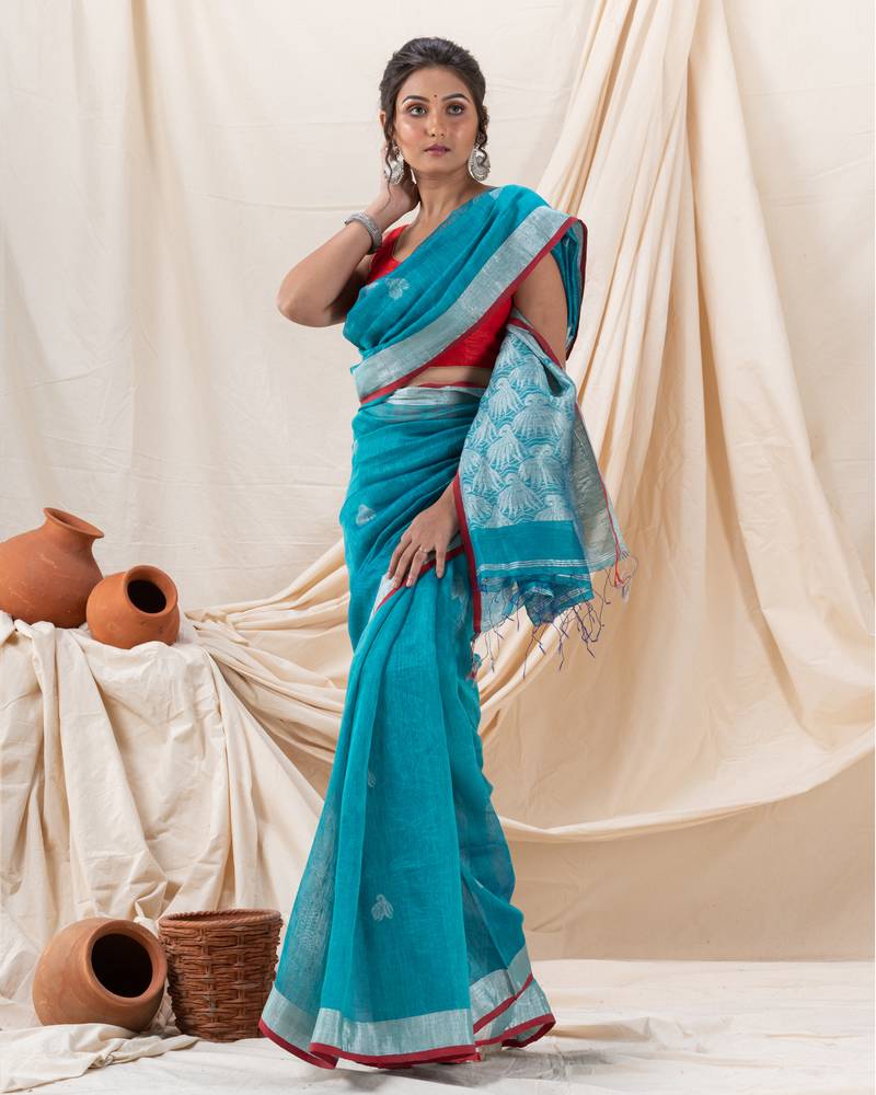 Traditional Handloom Deep Aqua Silk Linen Saree