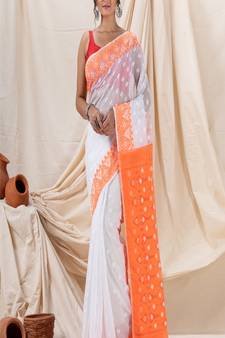 Traditional White Soft Dhakai Jamdani Saree Without Blouse