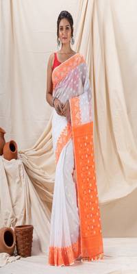 Traditional White Soft Dhakai Jamdani Saree Without Blouse 1