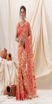 Traditional Tan Red Creeper Soft Dhakai Jamdani Saree 1