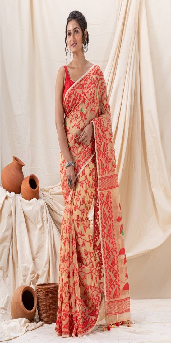 Traditional Tan Red Creeper Soft Dhakai Jamdani Saree