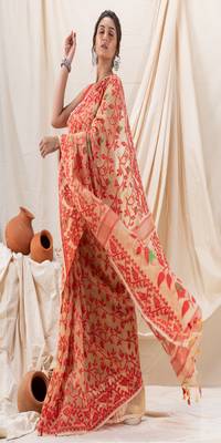 Traditional Tan Red Creeper Soft Dhakai Jamdani Saree 3