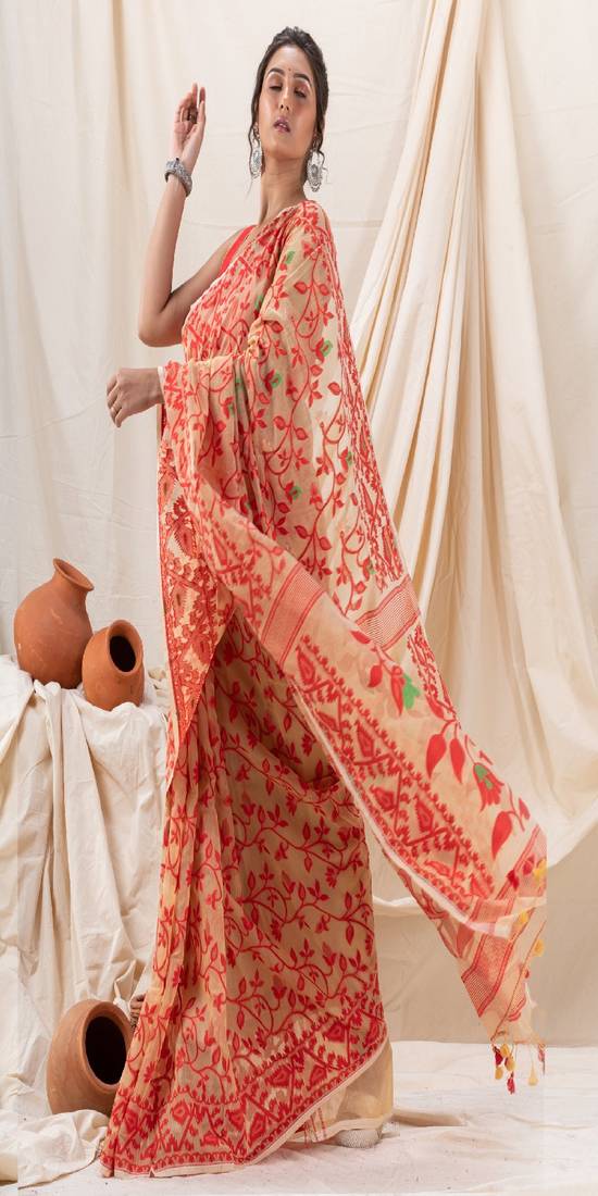 Traditional Tan Red Creeper Soft Dhakai Jamdani Saree
