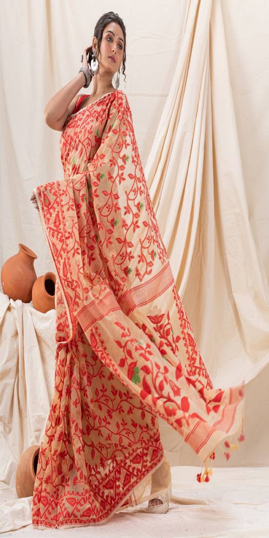Traditional Tan Red Creeper Soft Dhakai Jamdani Saree