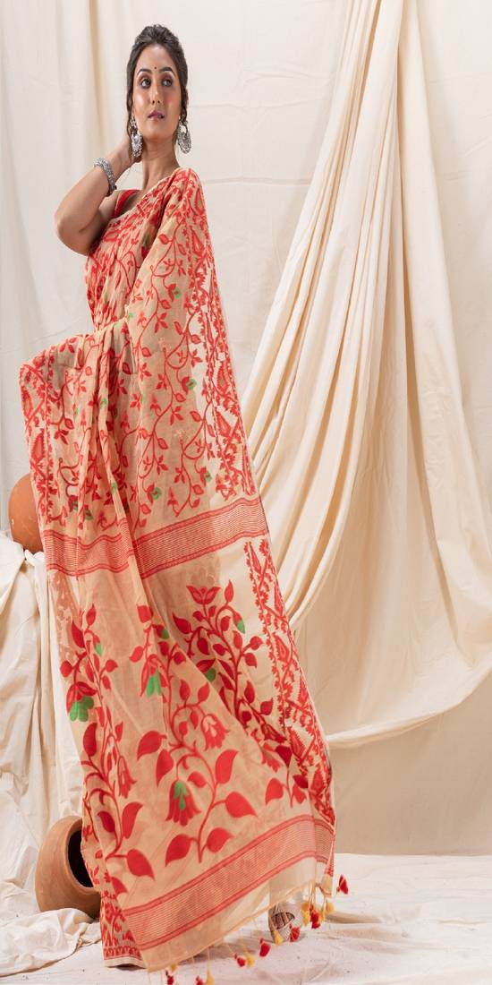 Traditional Tan Red Creeper Soft Dhakai Jamdani Saree