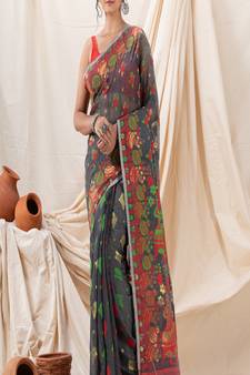 Traditional Dark Grey Soft Dhakai Jamdani Saree Without Blouse