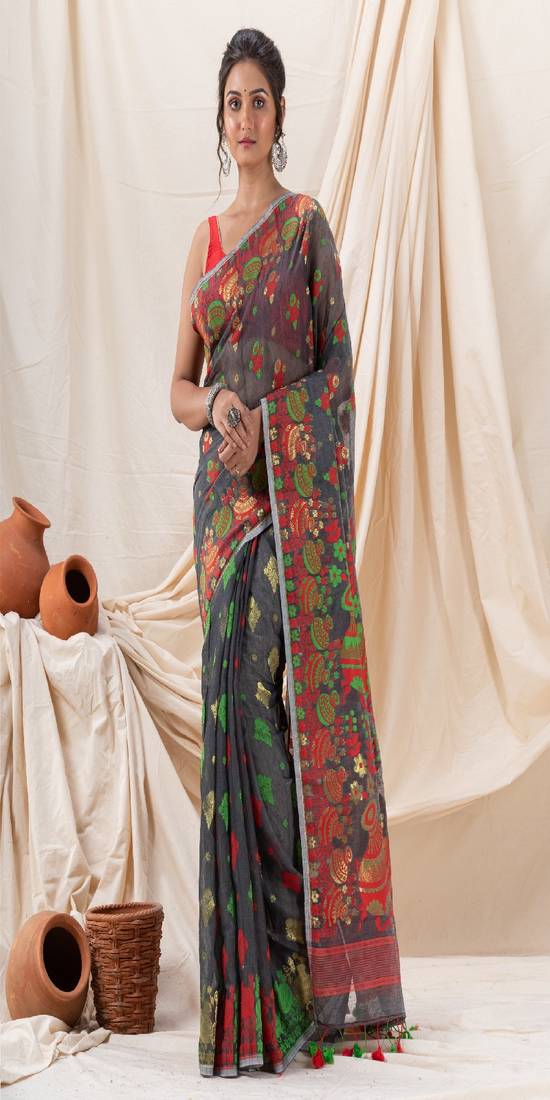 Traditional Dark Grey Soft Dhakai Jamdani Saree Without Blouse