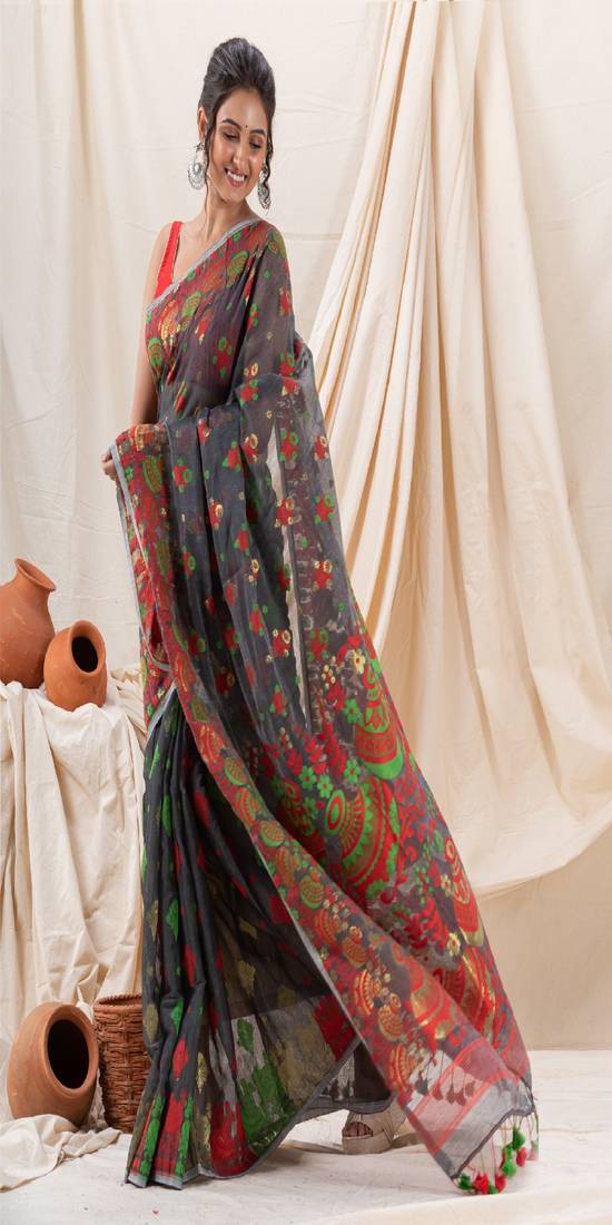 Traditional Dark Grey Soft Dhakai Jamdani Saree Without Blouse