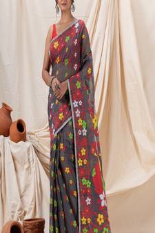 Traditional Dark Grey Flower Soft Dhakai Jamdani Saree Without Blouse