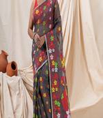 Traditional Dark Grey Flower Soft Dhakai Jamdani Saree Without Blouse