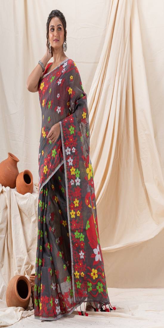 Traditional Dark Grey Flower Soft Dhakai Jamdani Saree Without Blouse