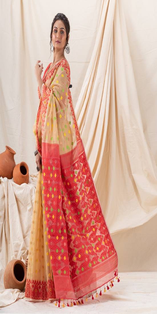 Traditional Tan Red Soft Dhakai Jamdani Saree Without Blouse