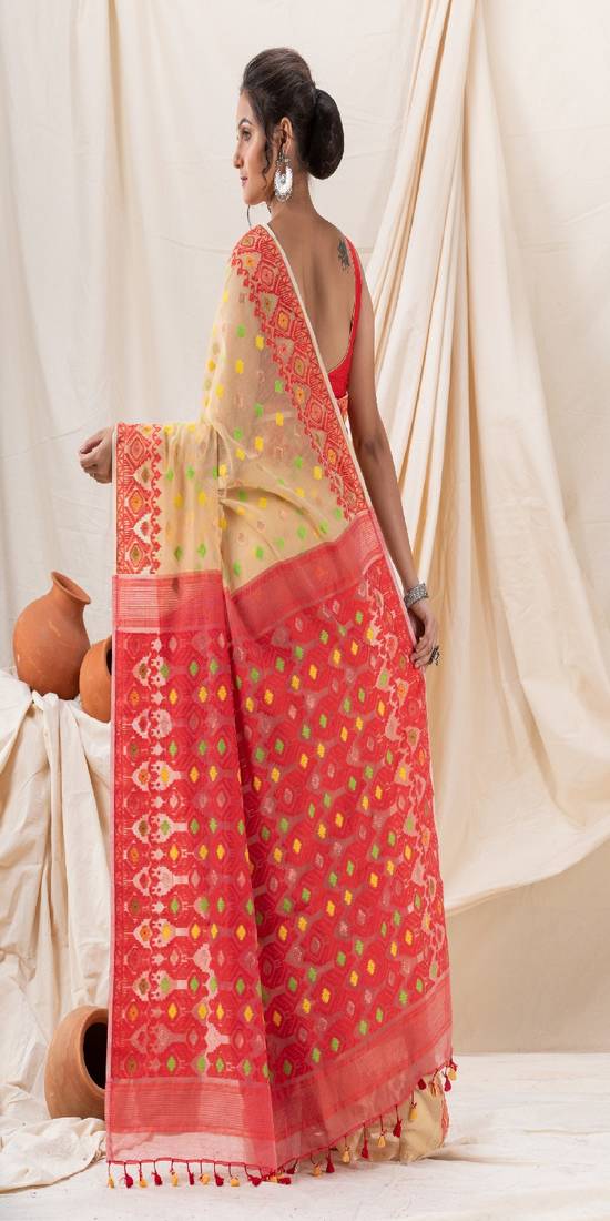 Traditional Tan Red Soft Dhakai Jamdani Saree Without Blouse