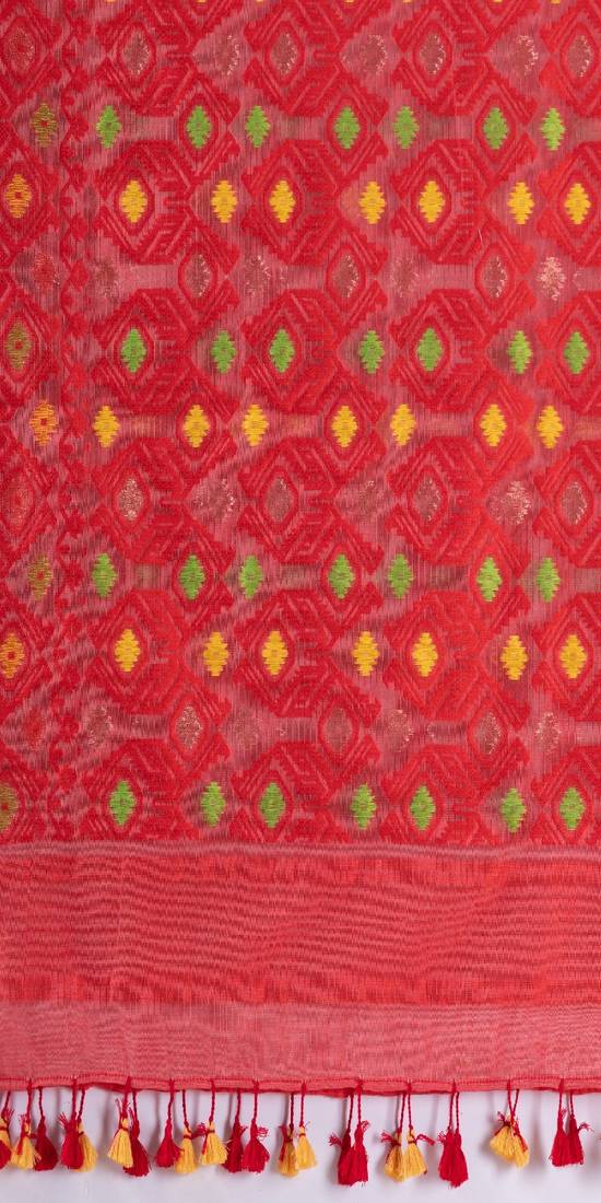 Traditional Tan Red Soft Dhakai Jamdani Saree Without Blouse