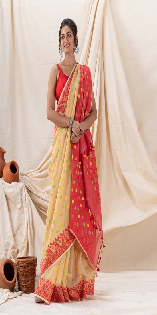 Traditional Tan Red Soft Dhakai Jamdani Saree Without Blouse