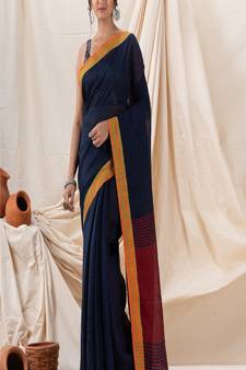 Traditional Navy Blue Linen Tangail Saree
