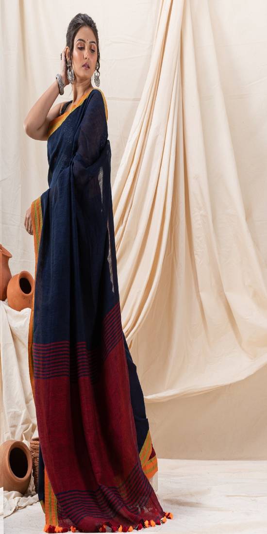 Traditional Navy Blue Linen Tangail Saree