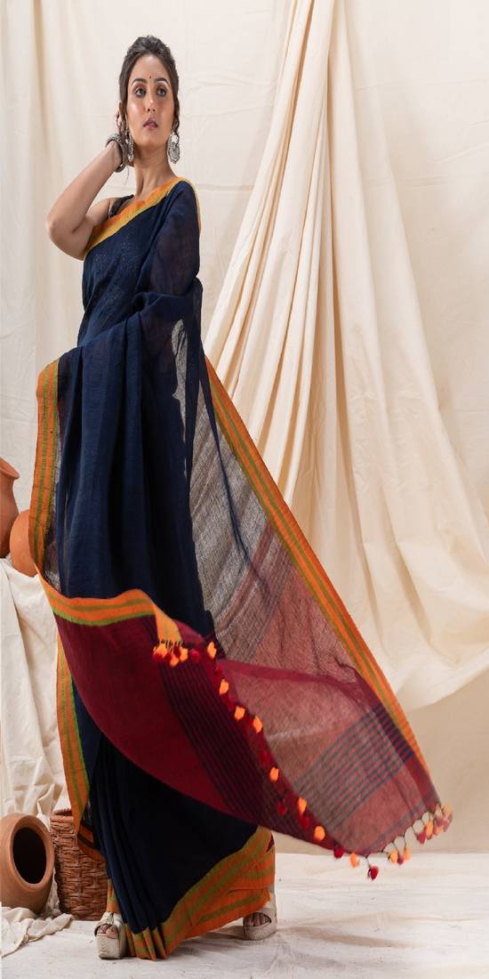 Traditional Navy Blue Linen Tangail Saree