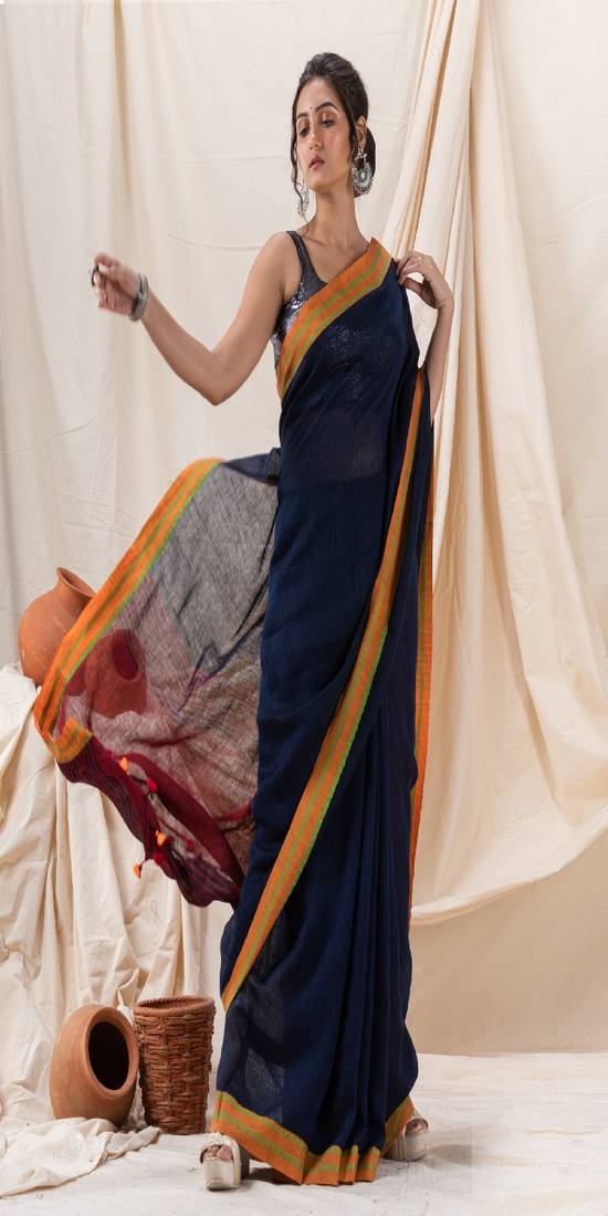 Traditional Navy Blue Linen Tangail Saree