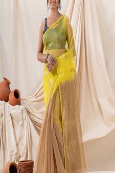 Traditional Deep Beige Yellow Cotton Silk Fancy Jamdani Saree