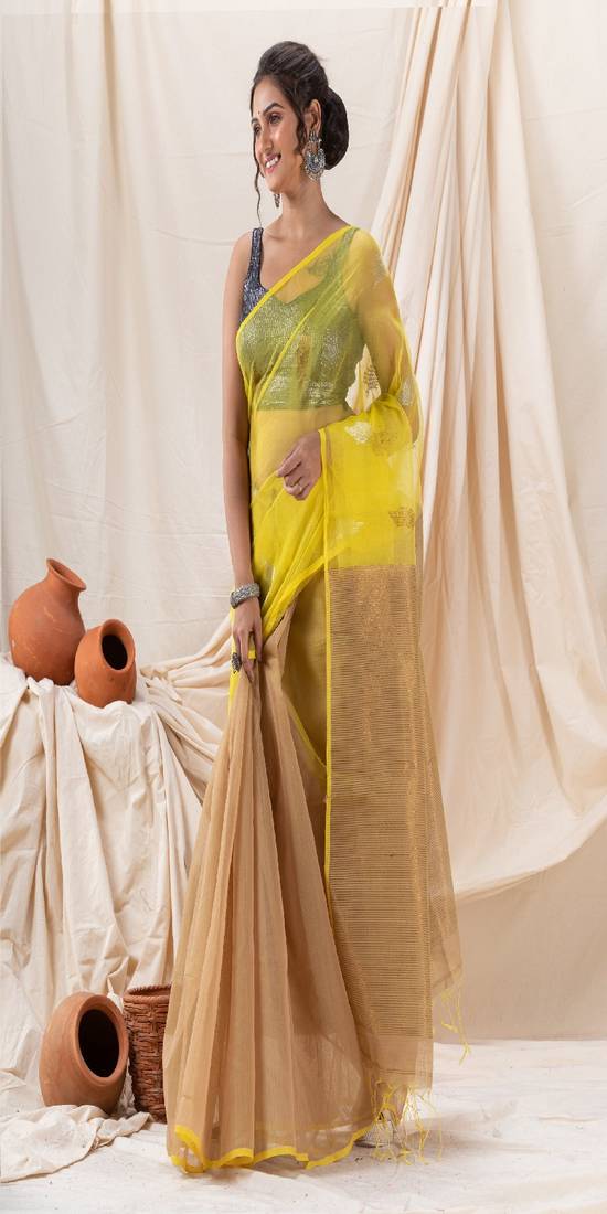 Traditional Deep Beige Yellow Cotton Silk Fancy Jamdani Saree