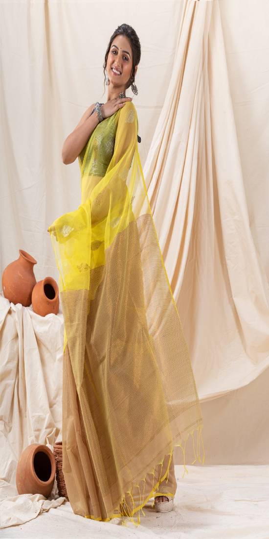 Traditional Deep Beige Yellow Cotton Silk Fancy Jamdani Saree