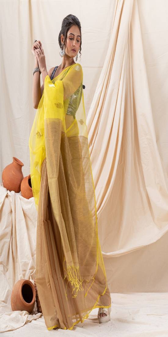 Traditional Deep Beige Yellow Cotton Silk Fancy Jamdani Saree