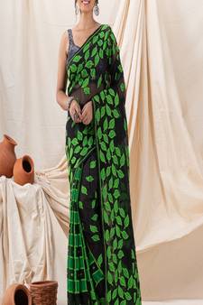 Traditional Black Green Leaf Soft Dhakai Jamdani Saree Without Blouse