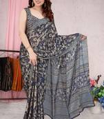 Navy Blue Printed Chiffon Saree With Blouse