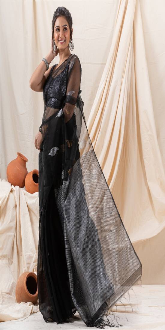 Traditional Black Cotton Silk Fancy Jamdani Saree