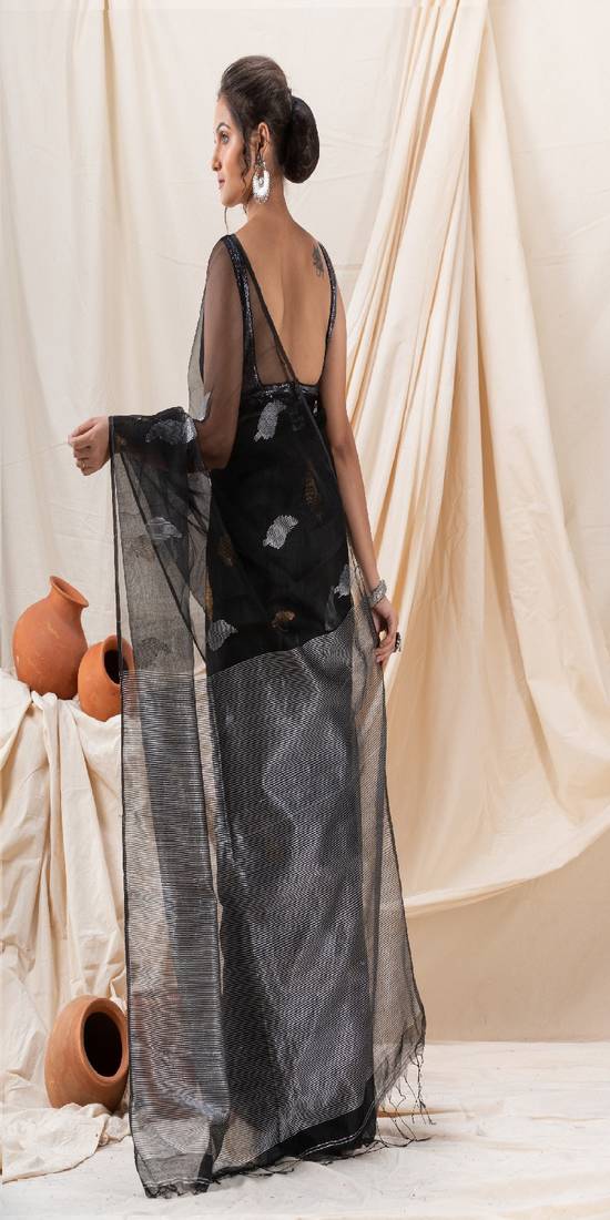 Traditional Black Cotton Silk Fancy Jamdani Saree